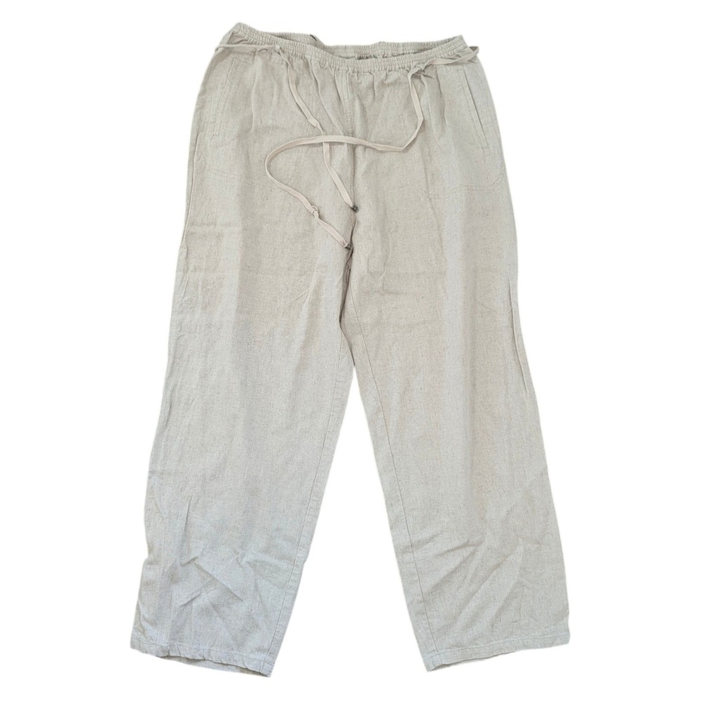 White Stag Linen Pants Women Large Beige Wide Leg Drawstring Casual Coastal Boho